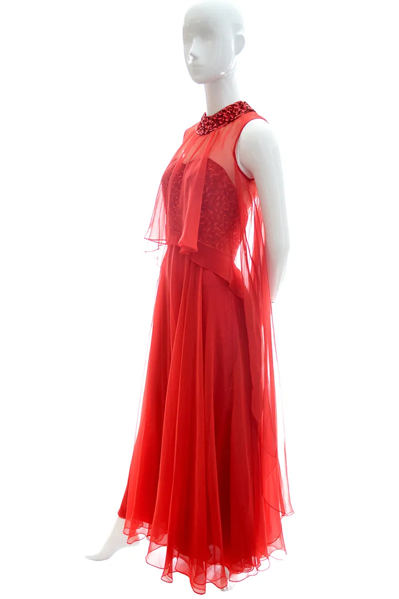 1970s Mike Benet Lipstick Red Dress w/ Sequin Bodice & Sheer Overlay