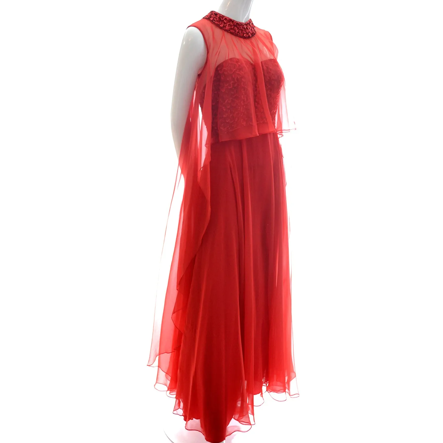 1970s Mike Benet Lipstick Red Dress w/ Sequin Bodice & Sheer Overlay