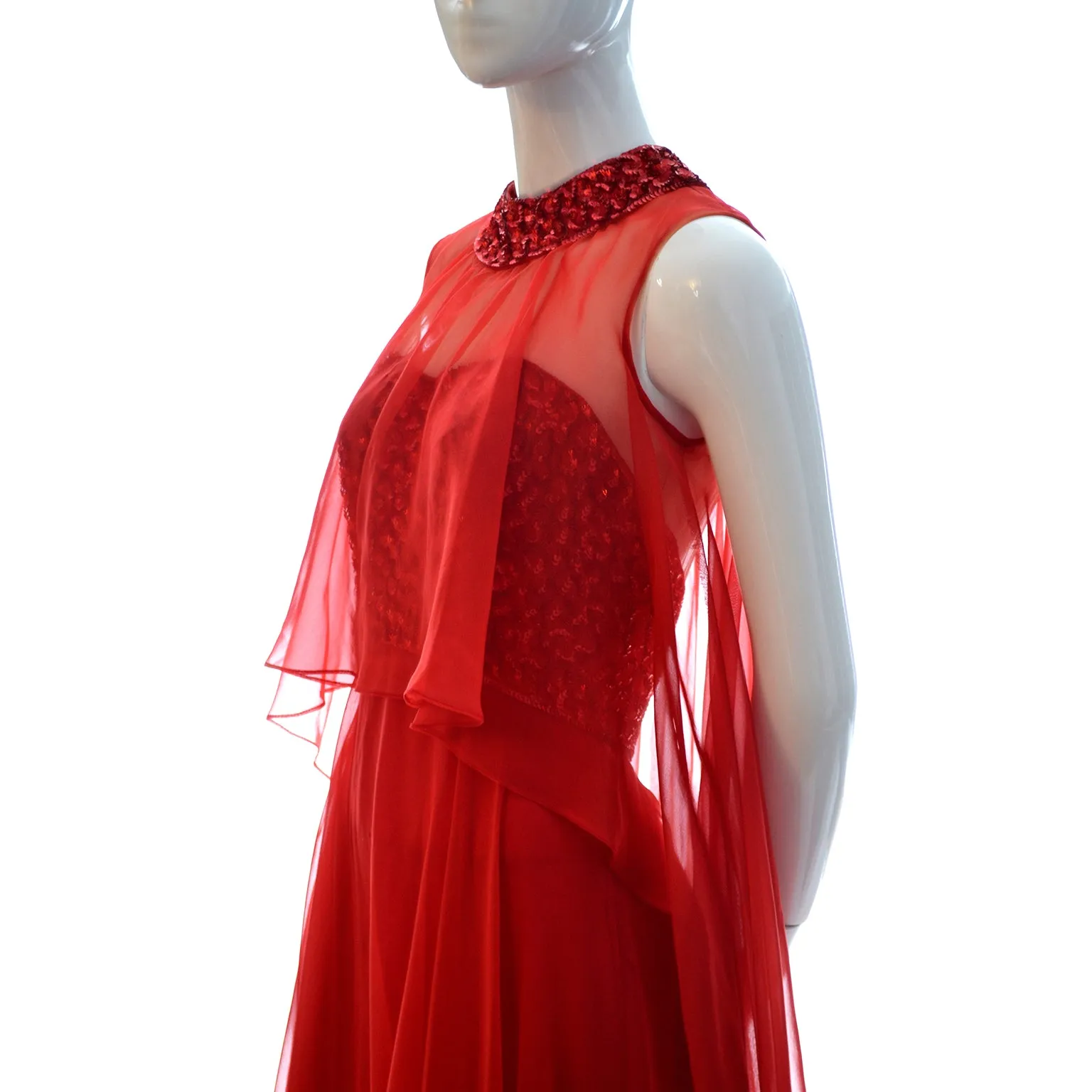 1970s Mike Benet Lipstick Red Dress w/ Sequin Bodice & Sheer Overlay