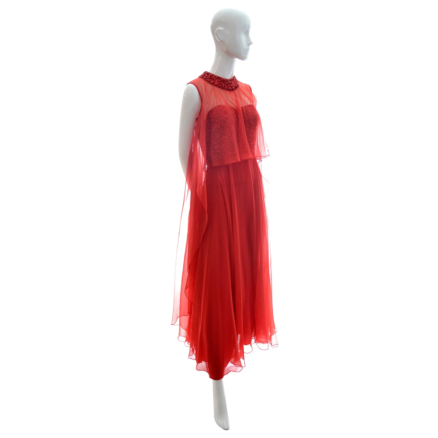 1970s Mike Benet Lipstick Red Dress w/ Sequin Bodice & Sheer Overlay