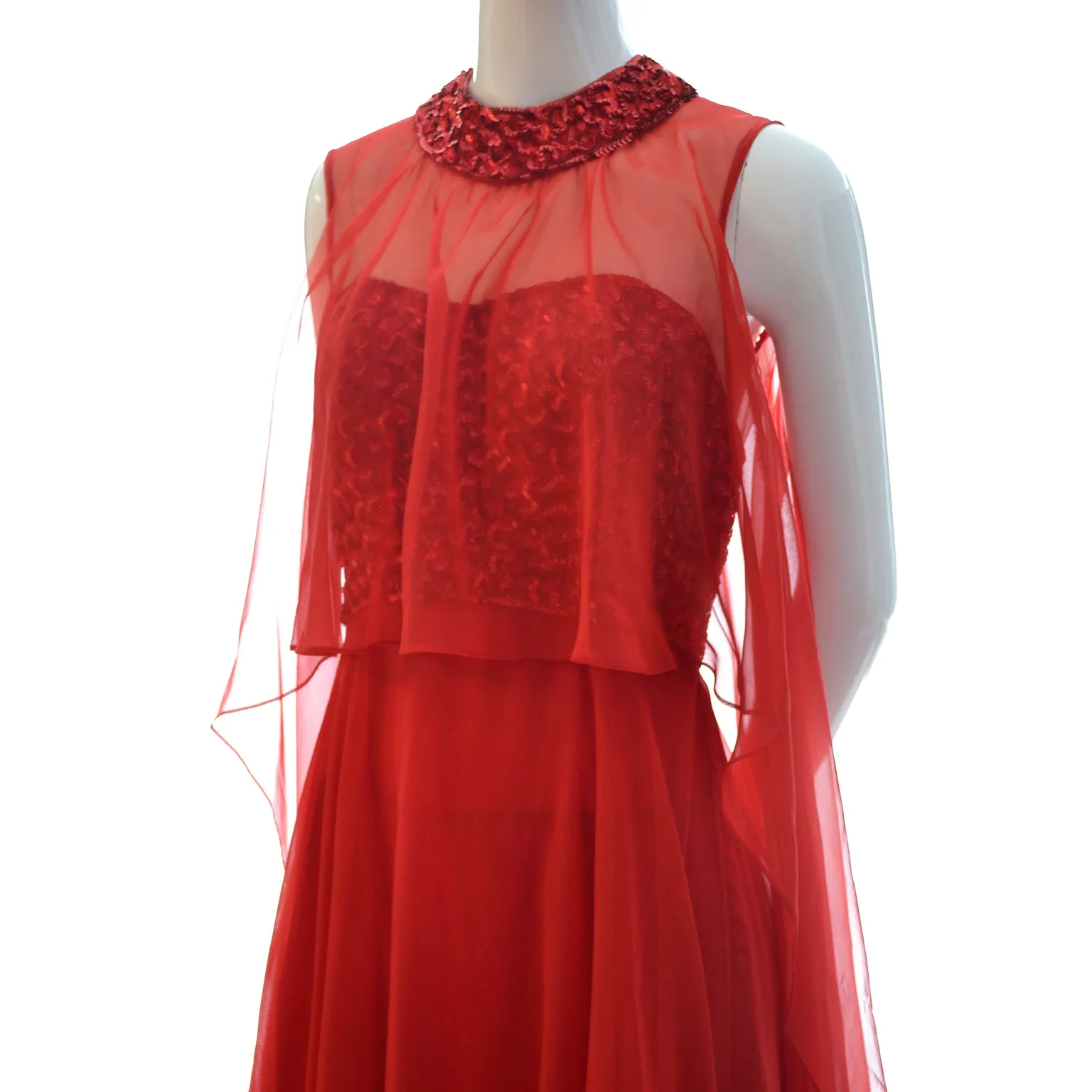 1970s Mike Benet Lipstick Red Dress w/ Sequin Bodice & Sheer Overlay