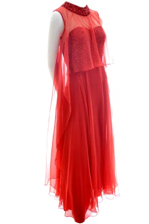 1970s Mike Benet Lipstick Red Dress w/ Sequin Bodice & Sheer Overlay