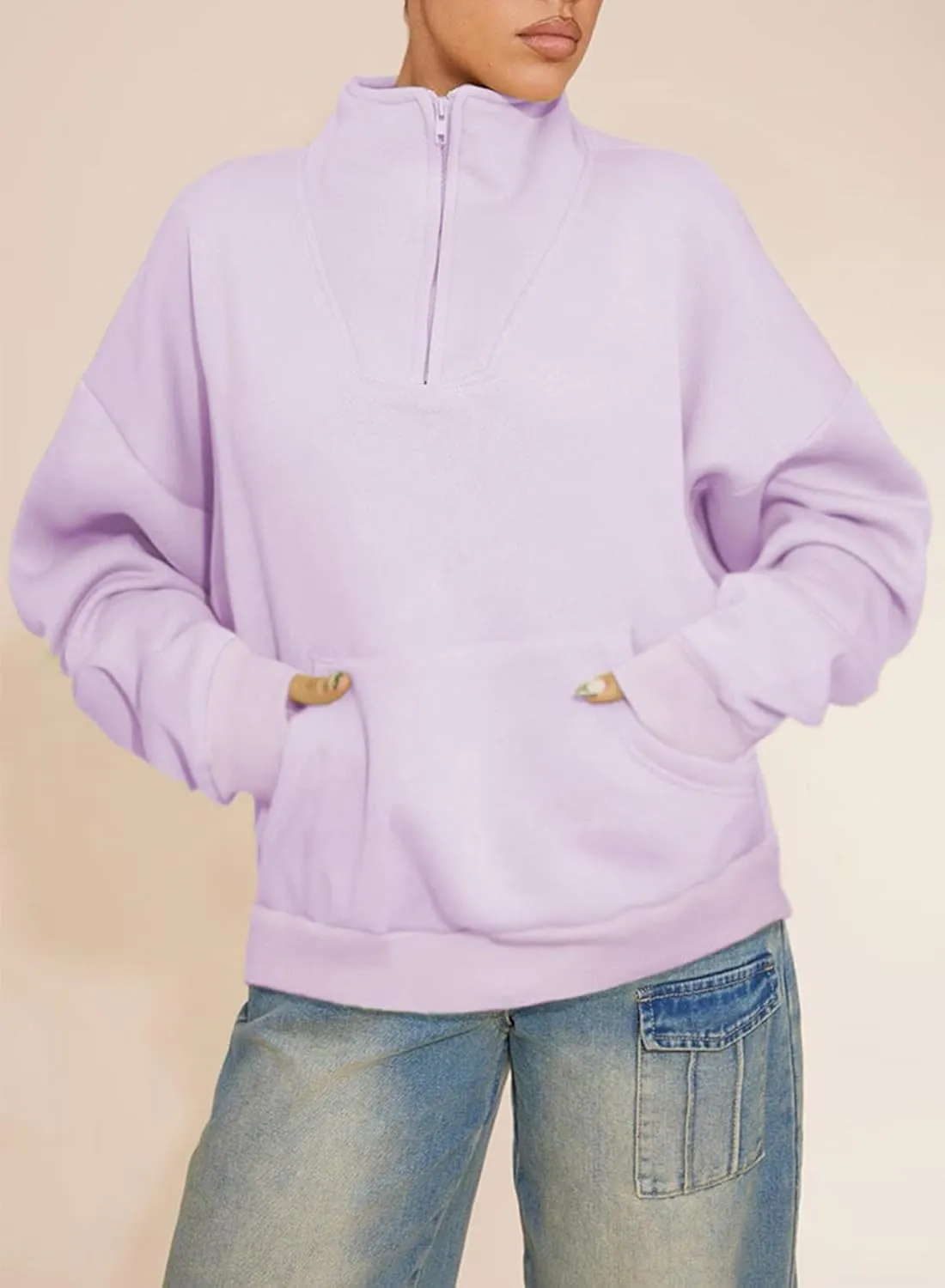BLENCOT Women Half Zip Oversized Sweatshirts Long Sleeve Fleece Trendy Cropped Pullover Workout Warm Tops With Pockets S-2XL