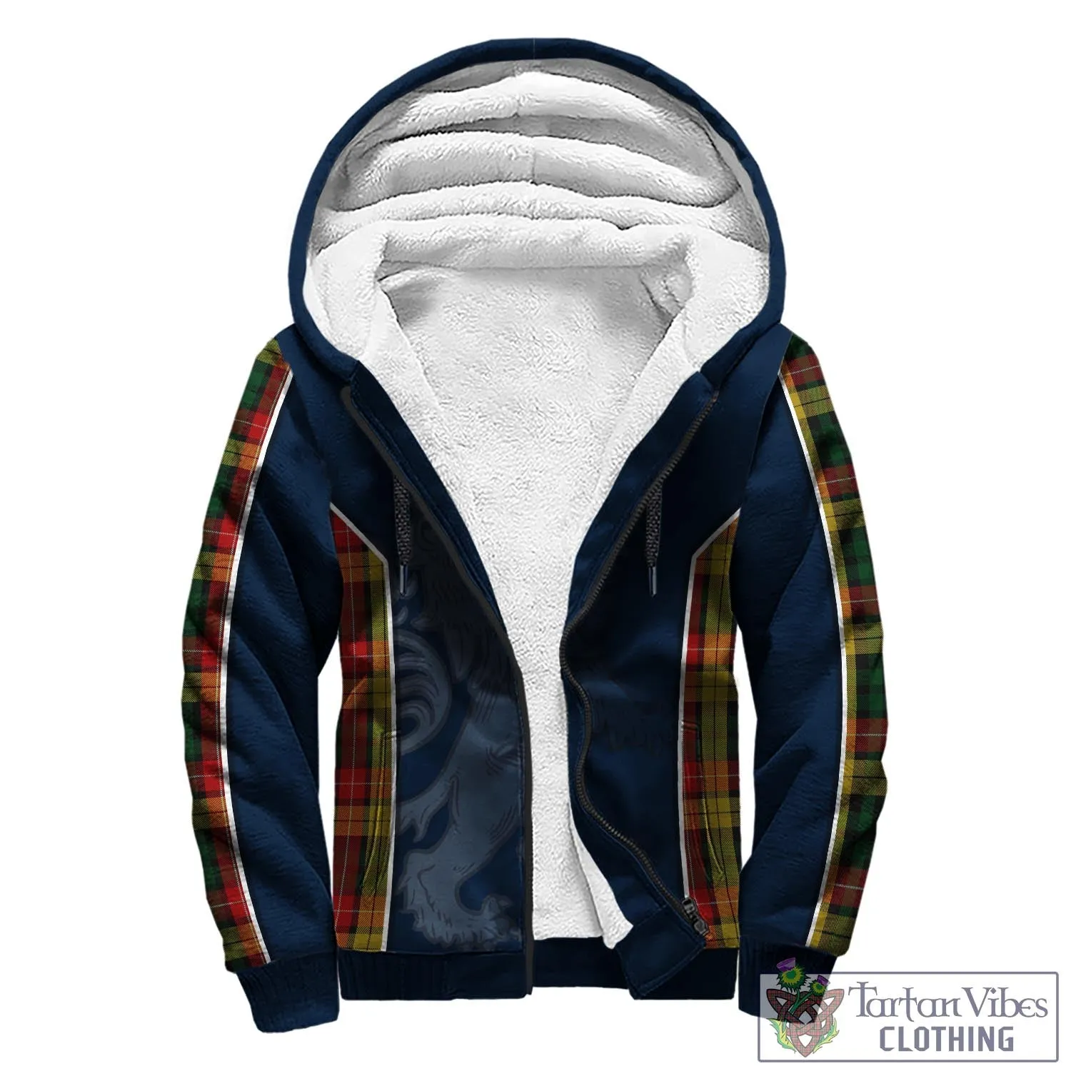 Buchanan Tartan Sherpa Hoodie with Family Crest and Lion Rampant Vibes Sport Style