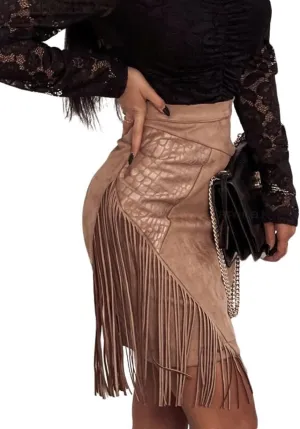 CHARTOU Women's High Waist Faux Suede Leather Fringe Tassel Mini Pencil Skirt