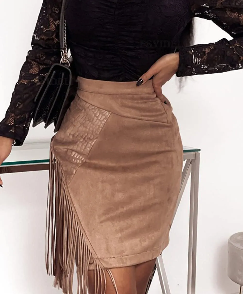 CHARTOU Women's High Waist Faux Suede Leather Fringe Tassel Mini Pencil Skirt