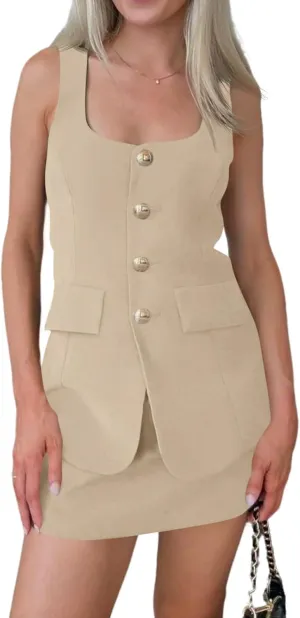 Cicy Bell Womens Summer 2 Piece Outfits Sleeveless Scoop Neck Fitted Blazer Vest Matching Set Mini Skirt Short Suit Work Sets