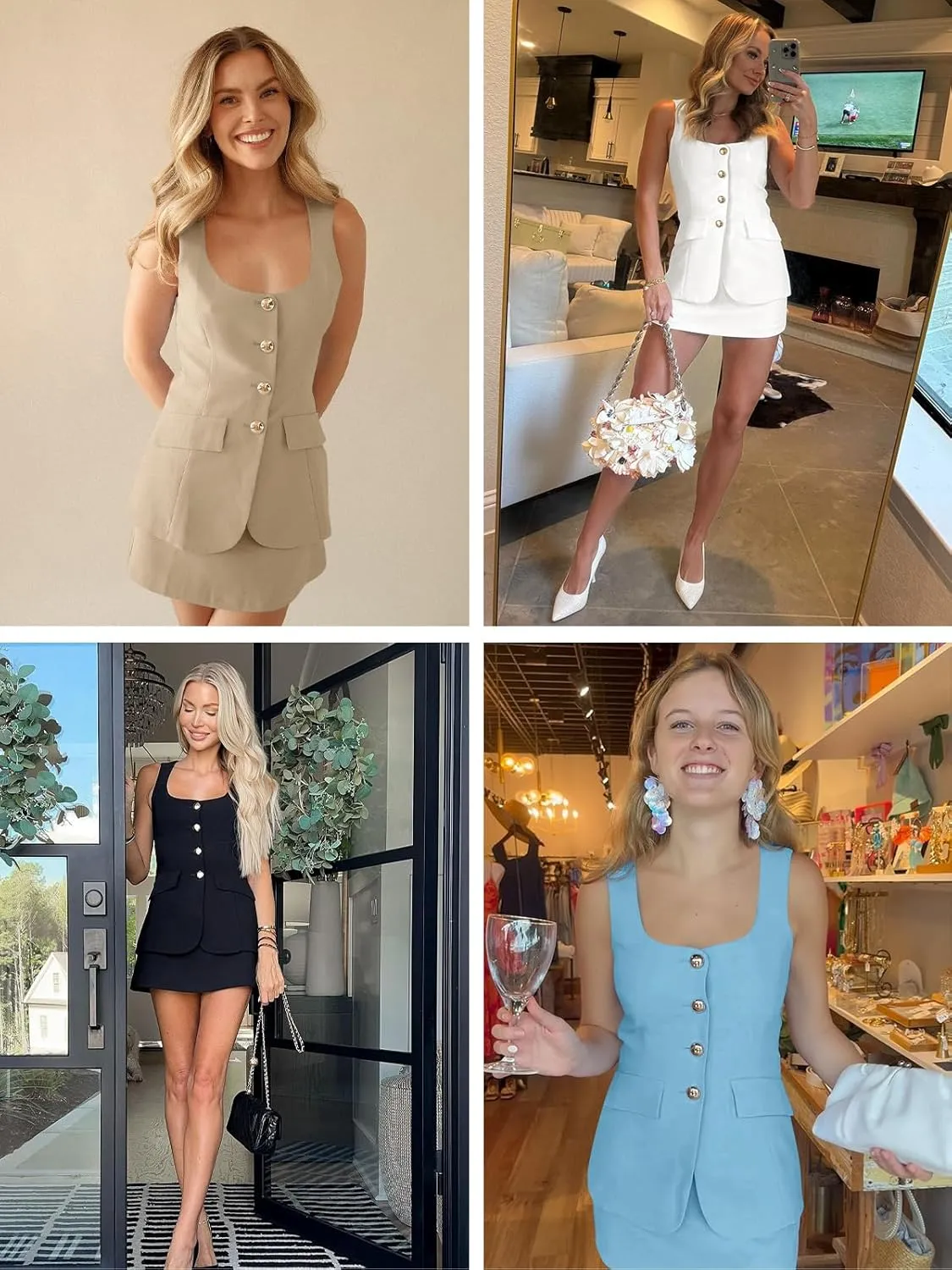 Cicy Bell Womens Summer 2 Piece Outfits Sleeveless Scoop Neck Fitted Blazer Vest Matching Set Mini Skirt Short Suit Work Sets
