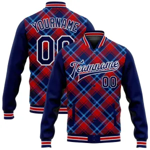 Custom Navy Red-Light Blue Check Board 3D Pattern Design Bomber Full-Snap Varsity Letterman Jacket Custom Navy Red-Light Blue Check Board 3D Pattern Design Bomber Full-Snap Varsity Letterman Jacket