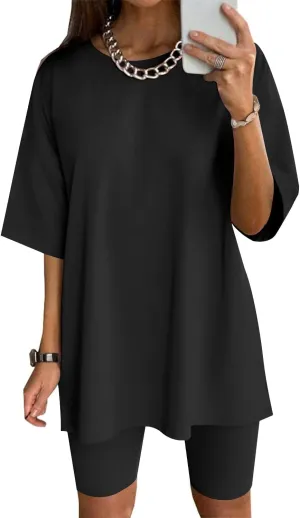 Ekouaer Women Cotton Knit Lounge Sets Summer Outfits T-Shirt Top and Biker Short Set 2 Piece Matching Tracksuit S-XXL