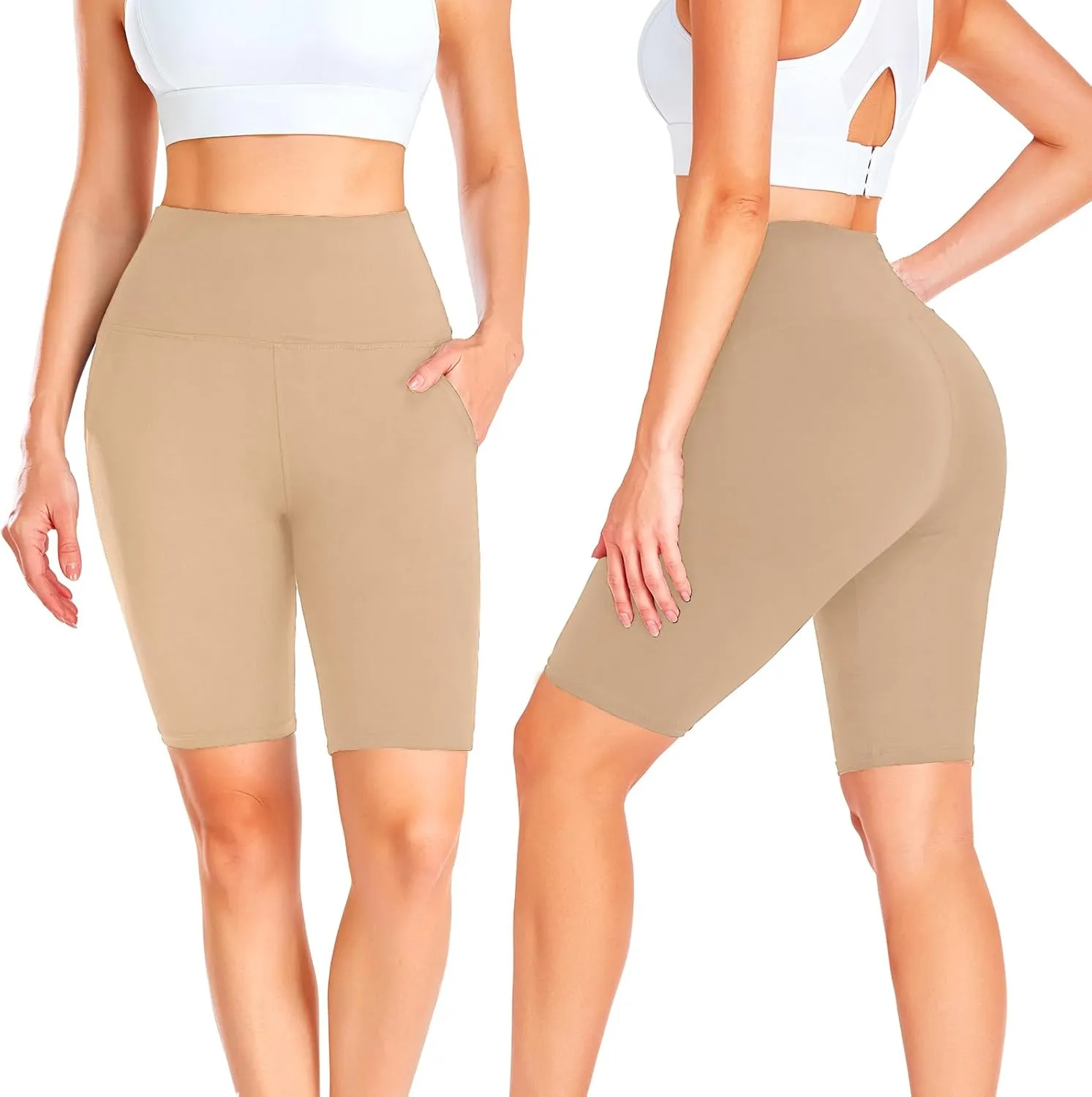 GROTEEN Biker Shorts Women with Pockets - 8'' High Waisted Tummy Control Yoga Workout Running Gym Spandex Shorts