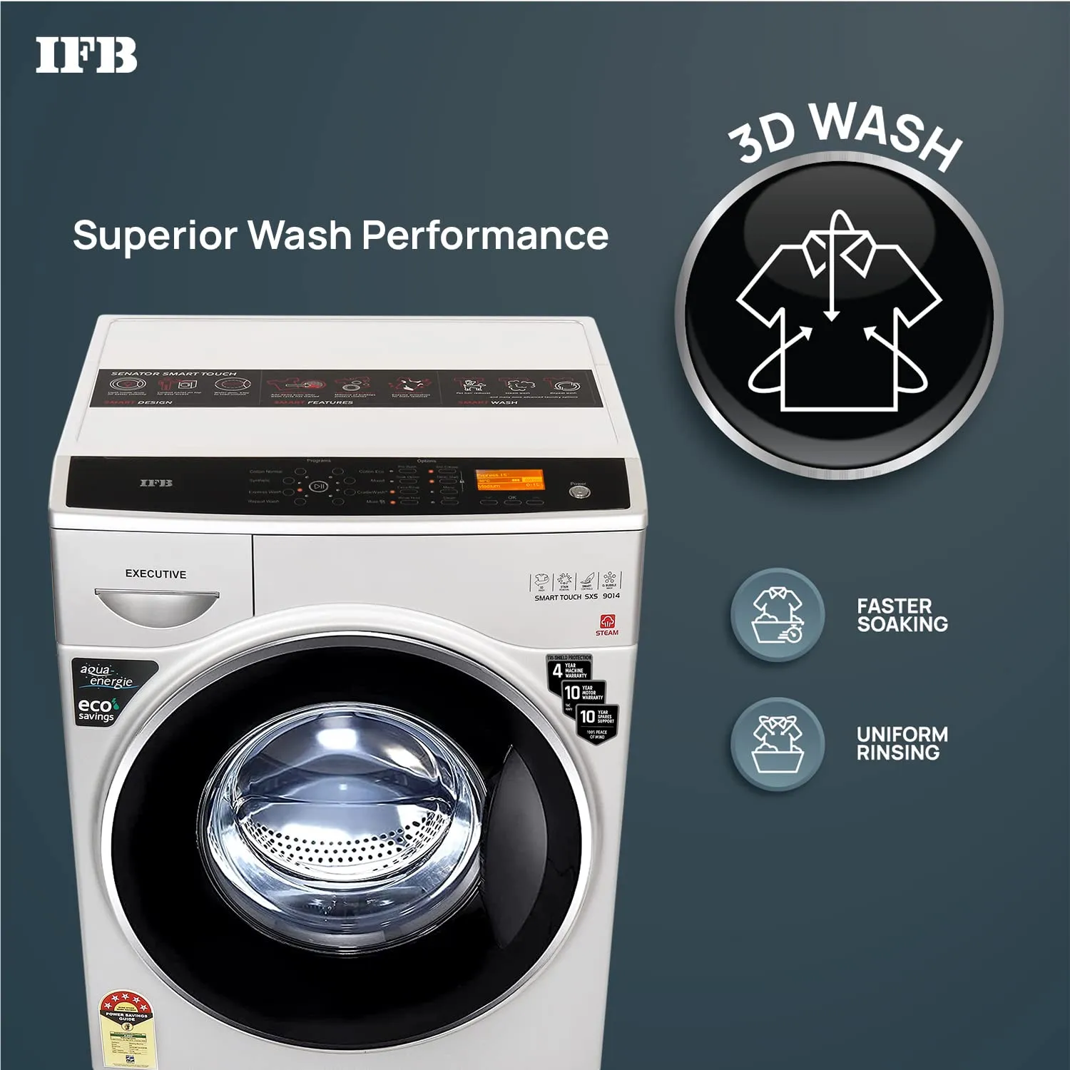 IFB EXECUTIVE SMART TOUCH SXS, Silver 9 Kg 5 Star Front Load Washing Machine 2X Power Steam ( Bubble Wash, 4 years Comprehensive Warranty)