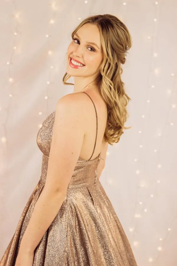Kateprom Glitter Spaghetti Straps V Neck Long Prom Dresses Women Dress KPP1425