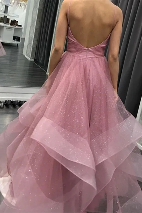 Kateprom Glitter Straps Ruffled Pink Long Prom Dresses Backless Formal Gown KPP1497