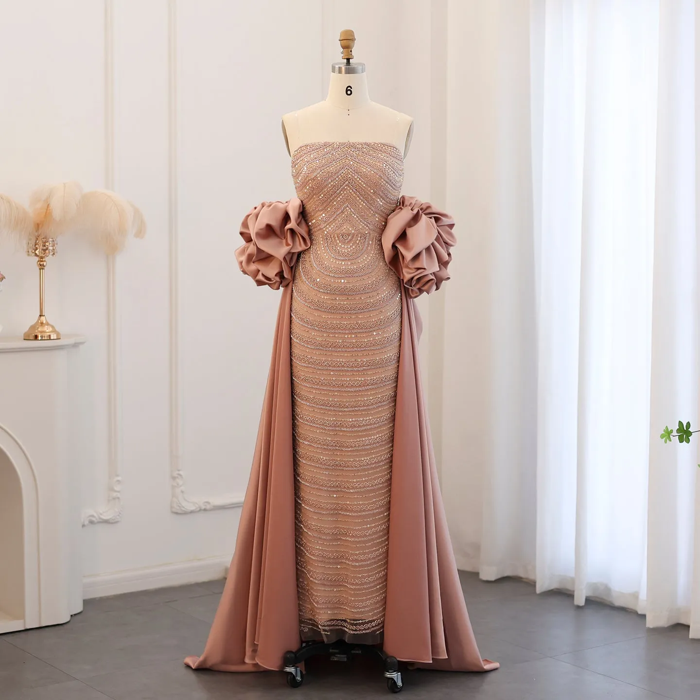 Luxury Beaded Dusty Pink Strapless Evening Dress with Cape SS492