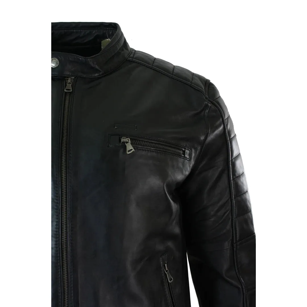 Men's Black Tan Brown Leather Biker Jacket Zipped