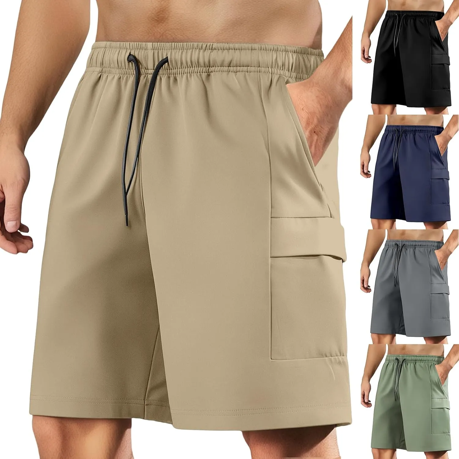 Mens Summer Cargo Shorts Stretch Drawstring Joggers Shorts Lightweight Quick Dry Water-Resistant Pants with Pockets