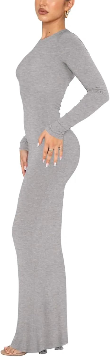 REORIA Women's Sexy Crew Neck Lounge Long Dress Elegant Long Sleeve Ribbed Bodycon Maxi Dresses