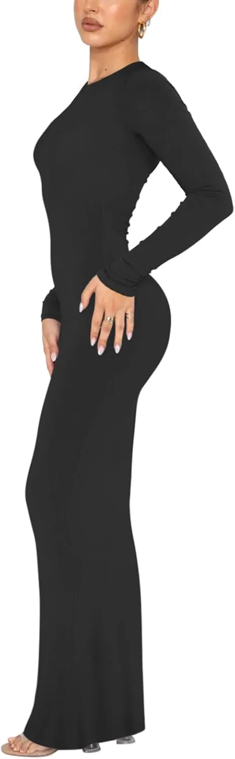 REORIA Women's Sexy Crew Neck Lounge Long Dress Elegant Long Sleeve Ribbed Bodycon Maxi Dresses