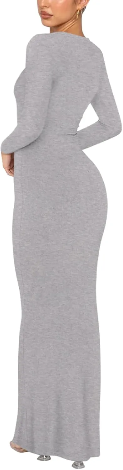 REORIA Women's Sexy Crew Neck Lounge Long Dress Elegant Long Sleeve Ribbed Bodycon Maxi Dresses