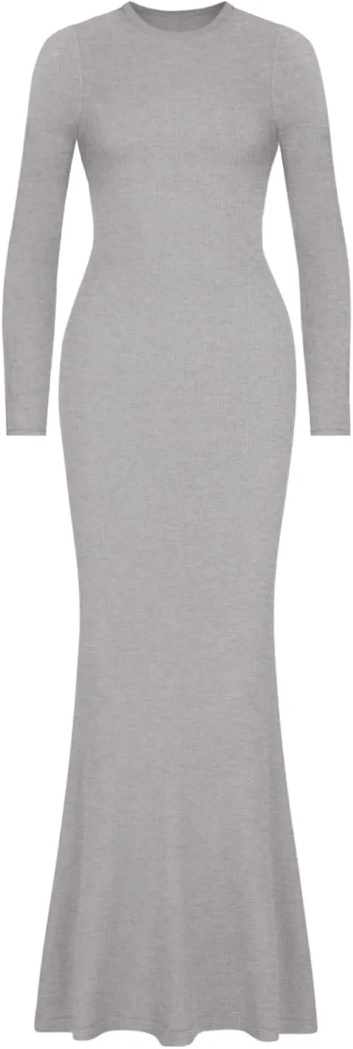 REORIA Women's Sexy Crew Neck Lounge Long Dress Elegant Long Sleeve Ribbed Bodycon Maxi Dresses