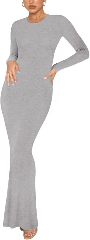 REORIA Women's Sexy Crew Neck Lounge Long Dress Elegant Long Sleeve Ribbed Bodycon Maxi Dresses