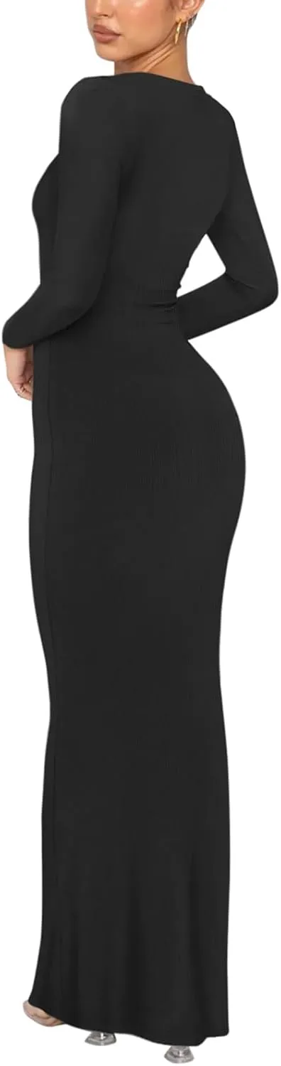 REORIA Women's Sexy Crew Neck Lounge Long Dress Elegant Long Sleeve Ribbed Bodycon Maxi Dresses