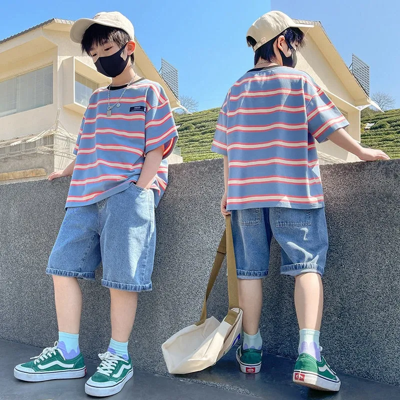 Summer Boys Striped T-Shirt Denim Shorts