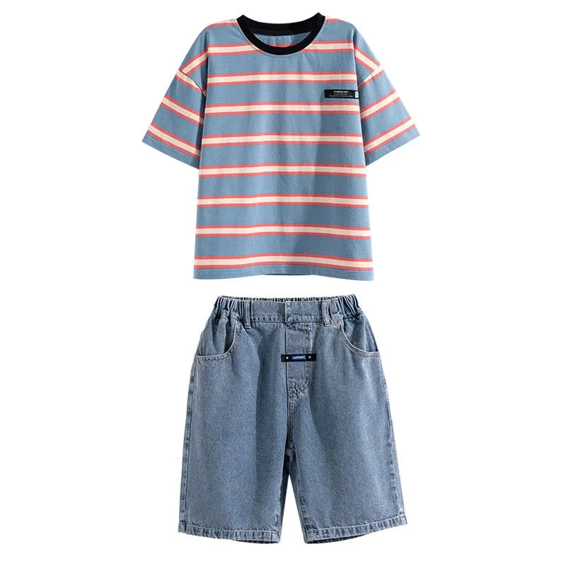 Summer Boys Striped T-Shirt Denim Shorts