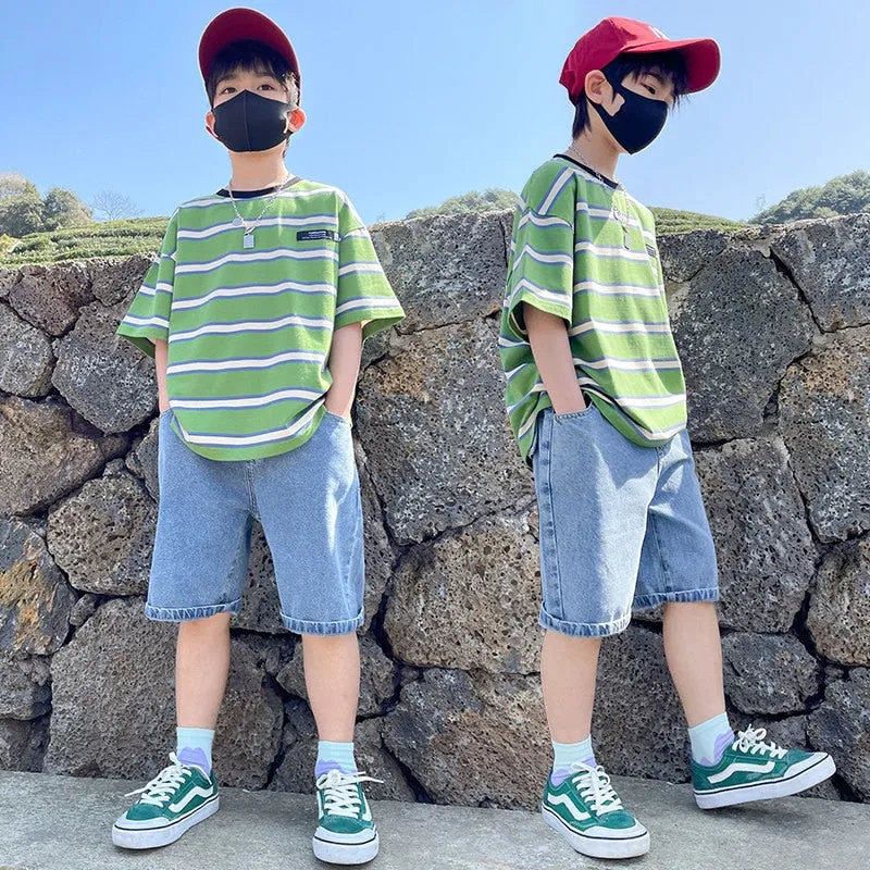 Summer Boys Striped T-Shirt Denim Shorts