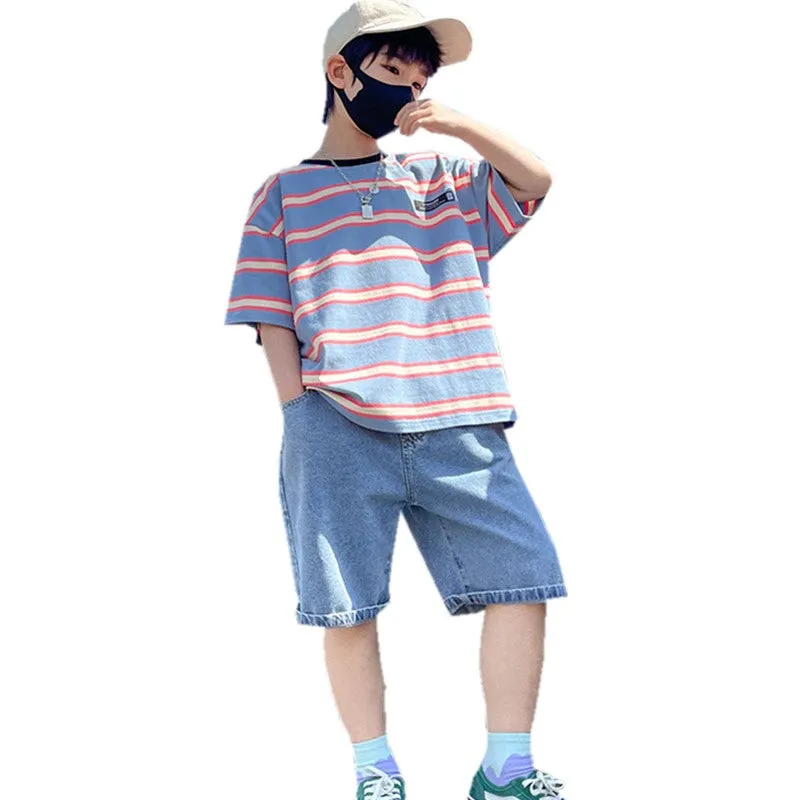 Summer Boys Striped T-Shirt Denim Shorts