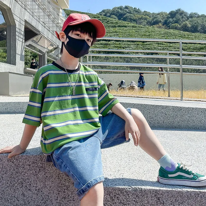 Summer Boys Striped T-Shirt Denim Shorts