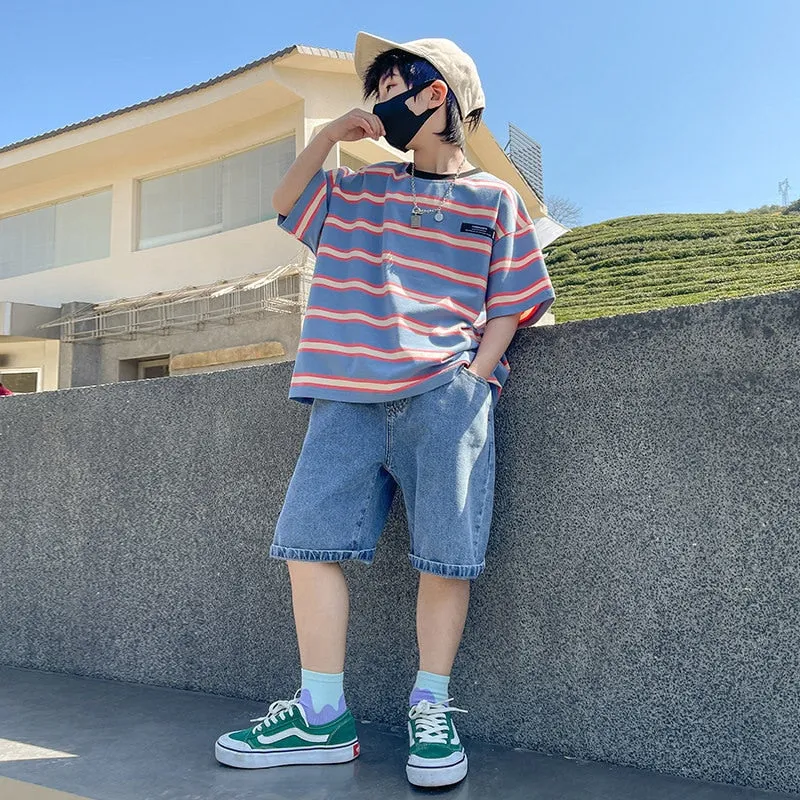 Summer Boys Striped T-Shirt Denim Shorts