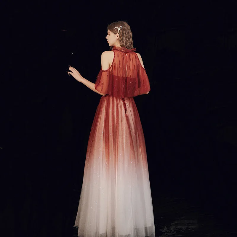 Sweetheart Strapless A Line Prom Dress Burgundy Gradient Evening Gown 596