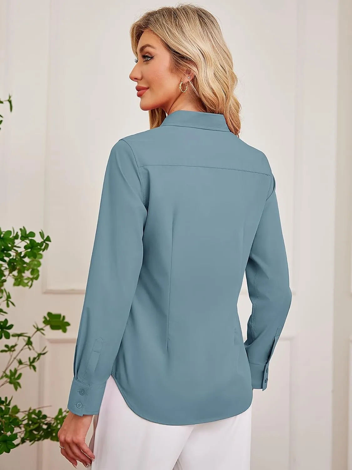 Women's Button Down Shirts Fitted Dress Shirts Collared Long Sleeve Wrinkle Free Blouse Formal Office Work Tunic Tops