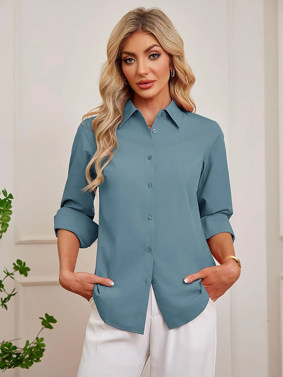 Women's Button Down Shirts Fitted Dress Shirts Collared Long Sleeve Wrinkle Free Blouse Formal Office Work Tunic Tops