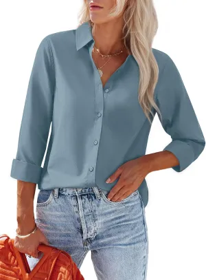Women's Button Down Shirts Fitted Dress Shirts Collared Long Sleeve Wrinkle Free Blouse Formal Office Work Tunic Tops
