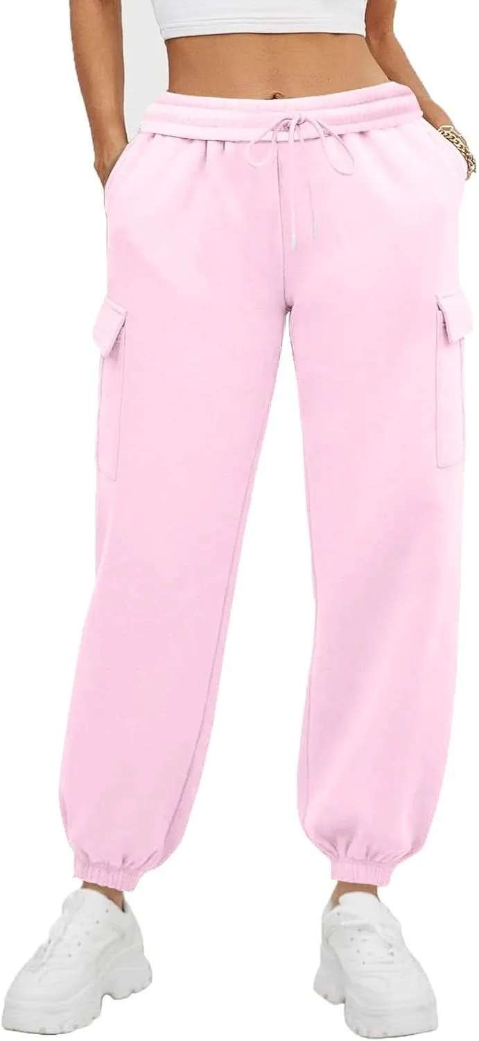 Women's Fleece Cargo Sweatpants Y2k Comfy Casual Baggy Sweat Pants Warm High Waist Workout Jogger Pants with Pockets